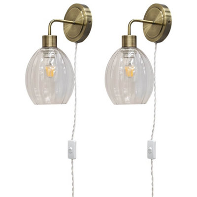 First Choice Lighting Set Of 2 TobyAntique Brass Plug In Wall Lights Fluted Shades from B&Q