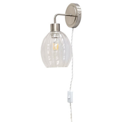 First Choice Lighting TobySatin Nickel Plug In Wall Light With Birch Fluted Glass Shade from B&Q