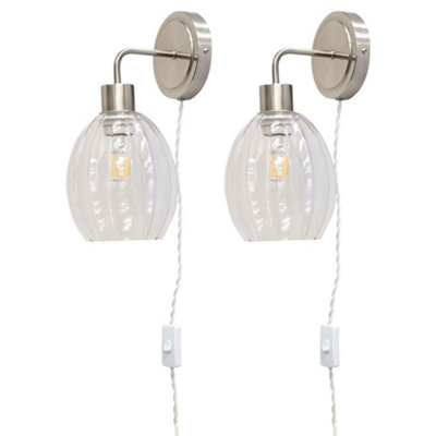 First Choice Lighting Set Of 2 TobySatin Nickel Plug In Wall Lights Fluted Shades from B&Q