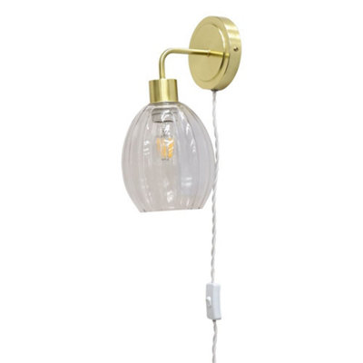 First Choice Lighting TobySatin Brass Plug In Wall Light With Birch Fluted Glass Shade from B&Q