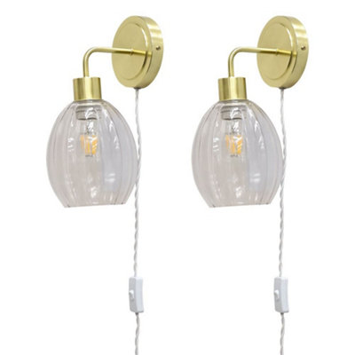 First Choice Lighting Set Of 2 TobySatin Brass Plug In Wall Lights Fluted Shades from B&Q