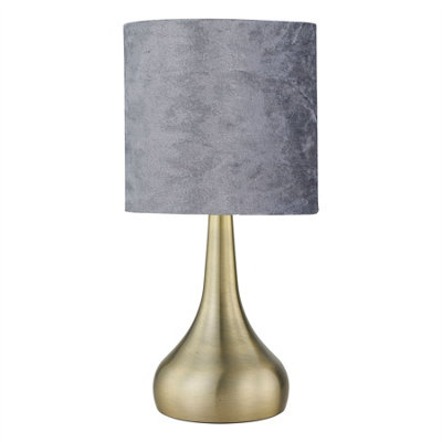 First Choice Lighting RomanaAntique Brass Touch Table Lamp With Grey Crushed Velvet Shade from B&Q