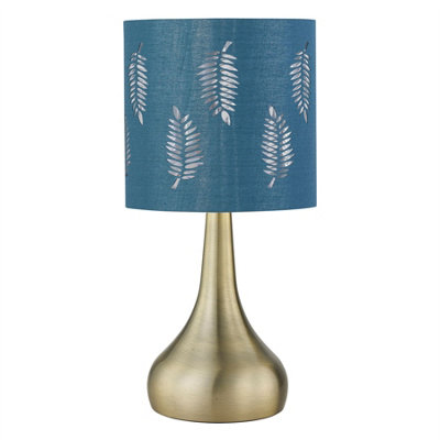First Choice Lighting RomanaAntique Brass Touch Operated Table Lamp With Teal Fern Shade from B&Q