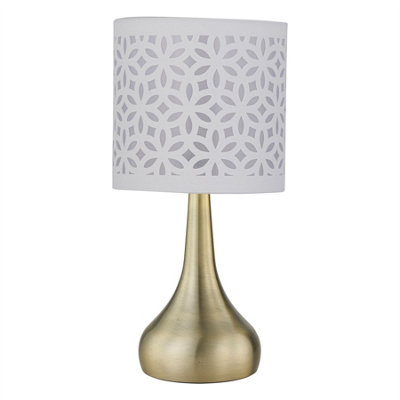 First Choice Lighting RomanaAntique Brass Touch Table Lamp With White Laser Cut Shade from B&Q