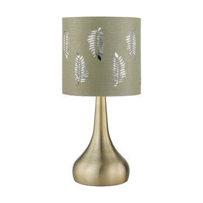 First Choice Lighting RomanaAntique Brass Touch Table Lamp With Sage Green Fern Shade from B&Q