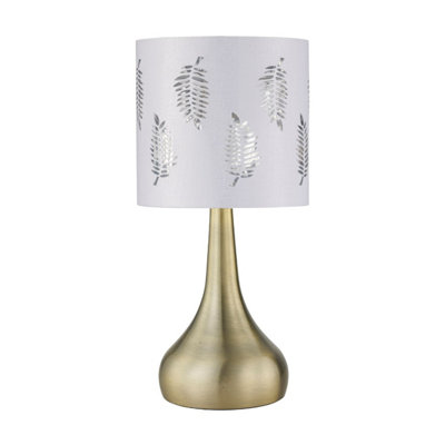 First Choice Lighting RomanaAntique Brass Touch Table Lamp With White Fern Shade from B&Q