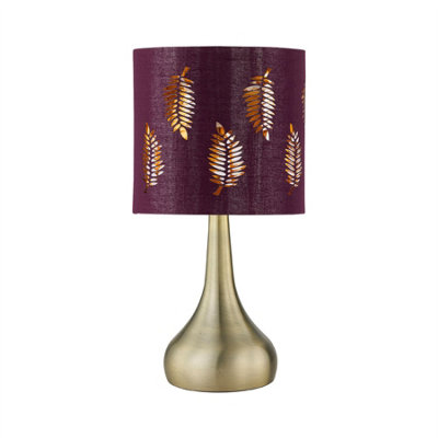 First Choice Lighting RomanaAntique Brass Touch Table Lamp With Burgundy Fern Shade from B&Q