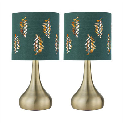 First Choice Lighting Set Of 2 RomanaAntique Brass Touch Table Lamps Green Fern Shades from B&Q
