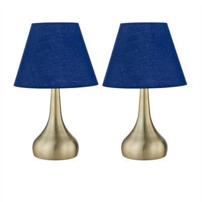 First Choice Lighting Set Of 2 RomanaAntique Brass Touch Lamps With Navy Blue Shades from B&Q