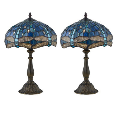 First Choice Lighting Set Of 2 BeaumontTiffany Dragonfly Coloured Glass 47Cm Table Lamps from B&Q