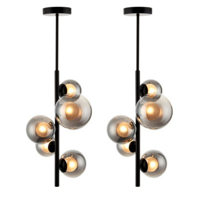 First Choice Lighting Black/Light Set Of Cole - With Smoke Glass 5 Ceiling Pendants Size 2
