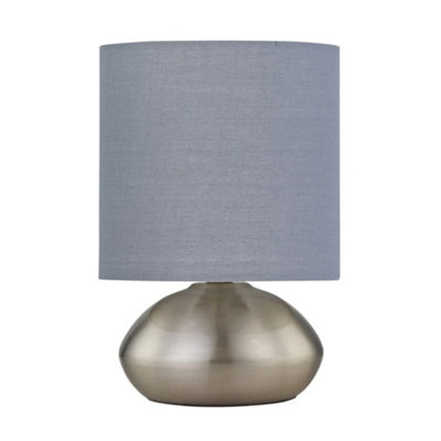 First Choice Lighting JensonBrushed Chrome Touch Table Lamp With Grey Cotton Shade from B&Q