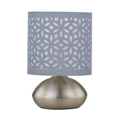 First Choice Lighting JensonBrushed Chrome Touch Table Lamp With Grey Laser Cut Shade from B&Q