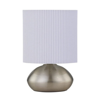 First Choice Lighting JensonBrushed Chrome Touch Table Lamp With White Pleated Shade from B&Q