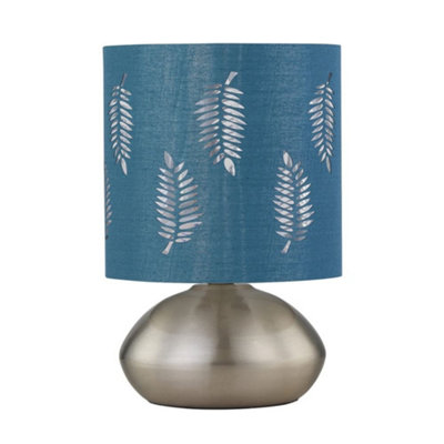 First Choice Lighting JensonBrushed Chrome Touch Table Lamp With Teal Fern Shade from B&Q