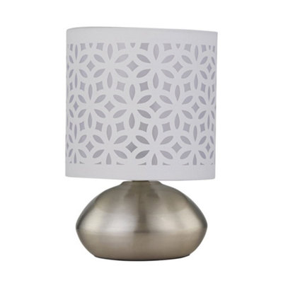 First Choice Lighting JensonBrushed Chrome Touch Table Lamp With White Laser Cut Shade from B&Q