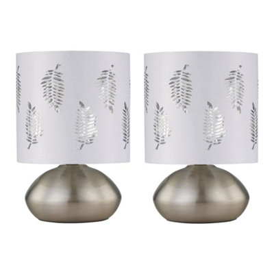 First Choice Lighting Set Of 2 JensonBrushed Chrome Touch Table Lamps White Fern Shade from B&Q