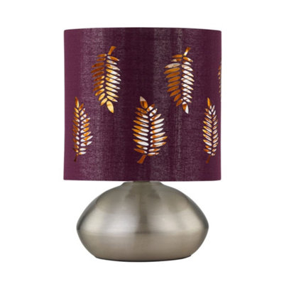 First Choice Lighting JensonBrushed Chrome Touch Table Lamp With Burgundy Fern Shade from B&Q