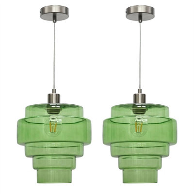 First Choice Lighting Set Of 2 Benson5 Tier Green & Satin Nickel Ceiling Pendant Lights from B&Q