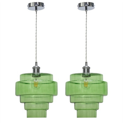 First Choice Lighting Set Of 2 Benson5 Tier Green & Chrome Ceiling Pendant Lights from B&Q