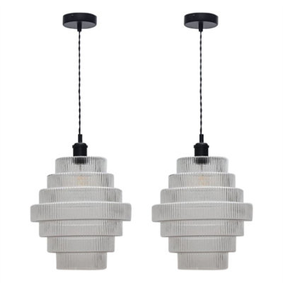 First Choice Lighting Set Of 2 Benson7 Tier Glass & Black Ceiling Pendant Lights from B&Q