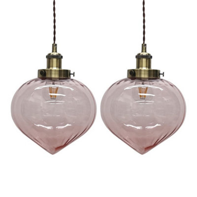 First Choice Lighting Set Of 2 LaylaPink Glass Easy Fit Pendant Shades Brass Detail from B&Q