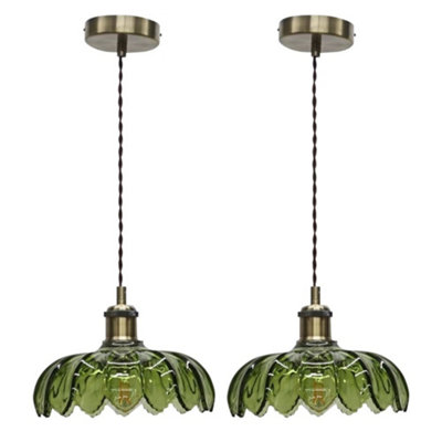First Choice Lighting Set Of 2 AliceGreen Leaf Pendant Shades With Antique Brass Flex Set from B&Q