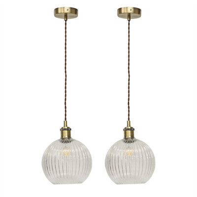 First Choice Lighting Set Of 2 BetchleyClear Ribbed Globe Antique Brass Light Fittings from B&Q