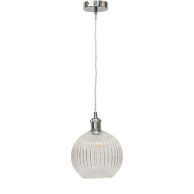 First Choice Lighting BetchleyClear Ribbed Glass Globe Chrome Retro Pendant Fitting from B&Q
