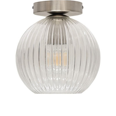 First Choice Lighting BetchleyClear Ribbed Glass Globe Satin Nickel Ceiling Light Fitting from B&Q