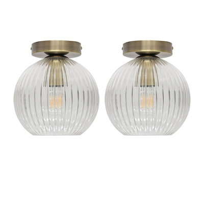 First Choice Lighting Set Of 2 BetchleyClear Ribbed Glass Antique Brass Ceiling Lights from B&Q