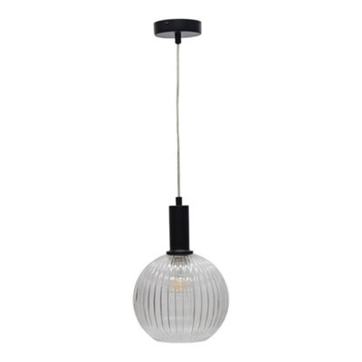 First Choice Lighting BetchleyClear Ribbed Glass Globe Black Deco Pendant Fitting from B&Q