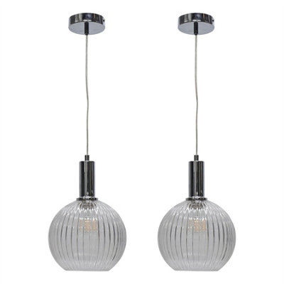 First Choice Lighting Set Of 2 BetchleyClear Ribbed Glass Globe Chrome Deco Pendants from B&Q