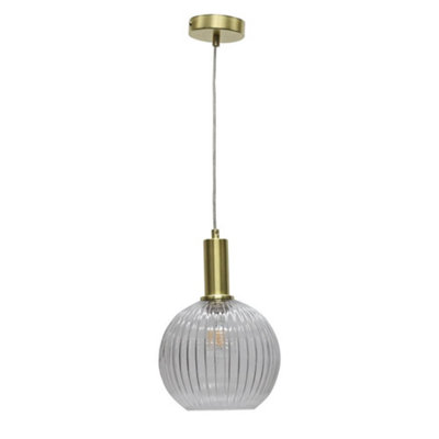 B&Q -  BetchleyClear Ribbed Glass Globe Satin Brass Deco Pendant Fitting
