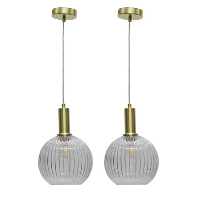 First Choice Lighting Set Of 2 BetchleyClear Ribbed Glass Globe Satin Brass Deco Pendants from B&Q
