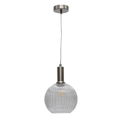 First Choice Lighting BetchleyClear Ribbed Glass Globe Satin Nickel Deco Pendant Fitting from B&Q