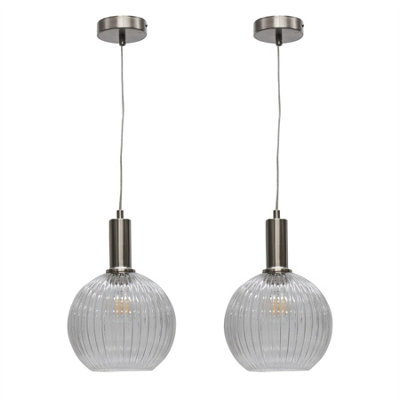 First Choice Lighting Set Of 2 BetchleyClear Ribbed Globe Satin Nickel Deco Pendants from B&Q