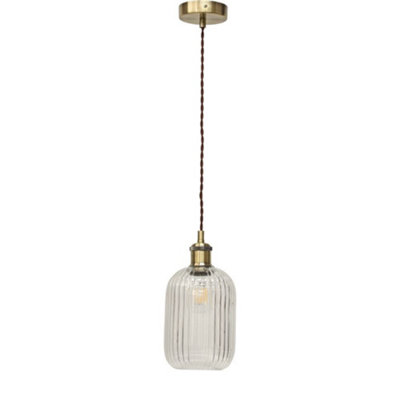 First Choice Lighting BatleyClear Ribbed Glass Antique Brass Retro Pendant Fitting from B&Q
