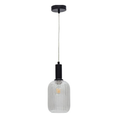 First Choice Lighting BatleyClear Ribbed Glass Black Deco Pendant Fitting from B&Q
