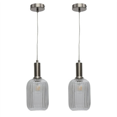 First Choice Lighting Set Of 2 BatleyClear Ribbed Glass Satin Nickel Deco Pendants from B&Q