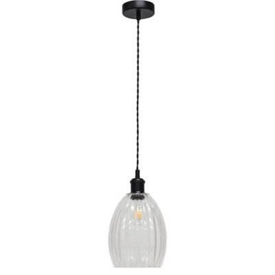 First Choice Lighting BirchClear Fluted Glass Black Retro Pendant Fitting from B&Q