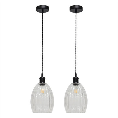 First Choice Lighting Set Of 2 BirchClear Fluted Glass Black Retro Pendant Fittings from B&Q