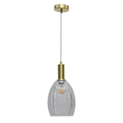 First Choice Lighting BirchClear Fluted Glass Satin Brass Deco Pendant Fitting from B&Q