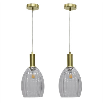 First Choice Lighting Set Of 2 BirchClear Fluted Glass Satin Brass Deco Pendant Fittings from B&Q