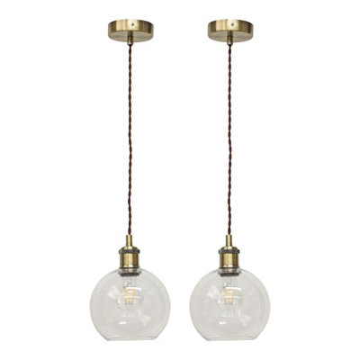 First Choice Lighting Set Of 2 BarnumClear Glass Globe Antique Brass Retro Pendants from B&Q