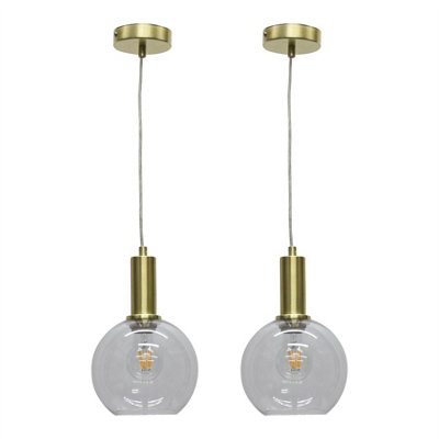 First Choice Lighting Set Of 2 BarnumClear Glass Globe Satin Brass Deco Pendant Fittings from B&Q