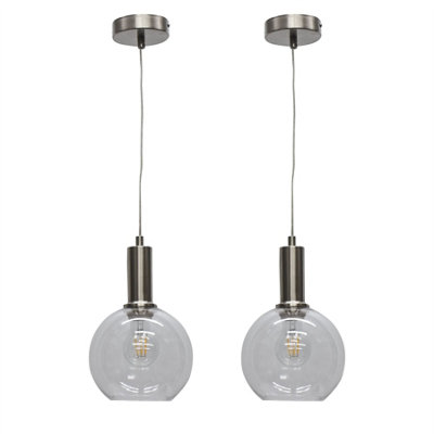 First Choice Lighting Set Of 2 BarnumClear Glass Globe Satin Nickel Deco Pendant Fittings from B&Q
