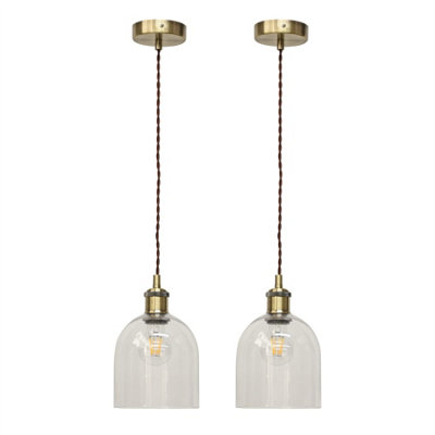 First Choice Lighting Set Of 2 BeltenClear Glass Cloche Antique Brass Retro Pendants from B&Q