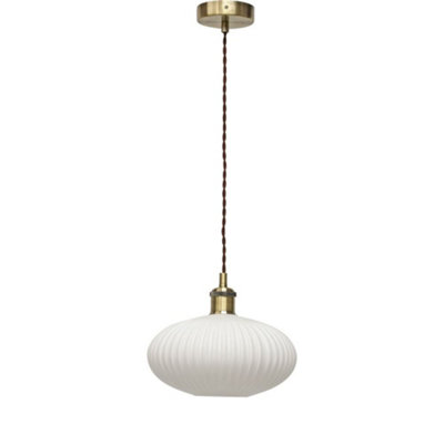 First Choice Lighting BatonWhite Ribbed Oval Glass Antique Brass Retro Pendant Fitting from B&Q