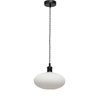 First Choice Lighting BatonWhite Ribbed Oval Glass Black Retro Pendant Fitting from B&Q